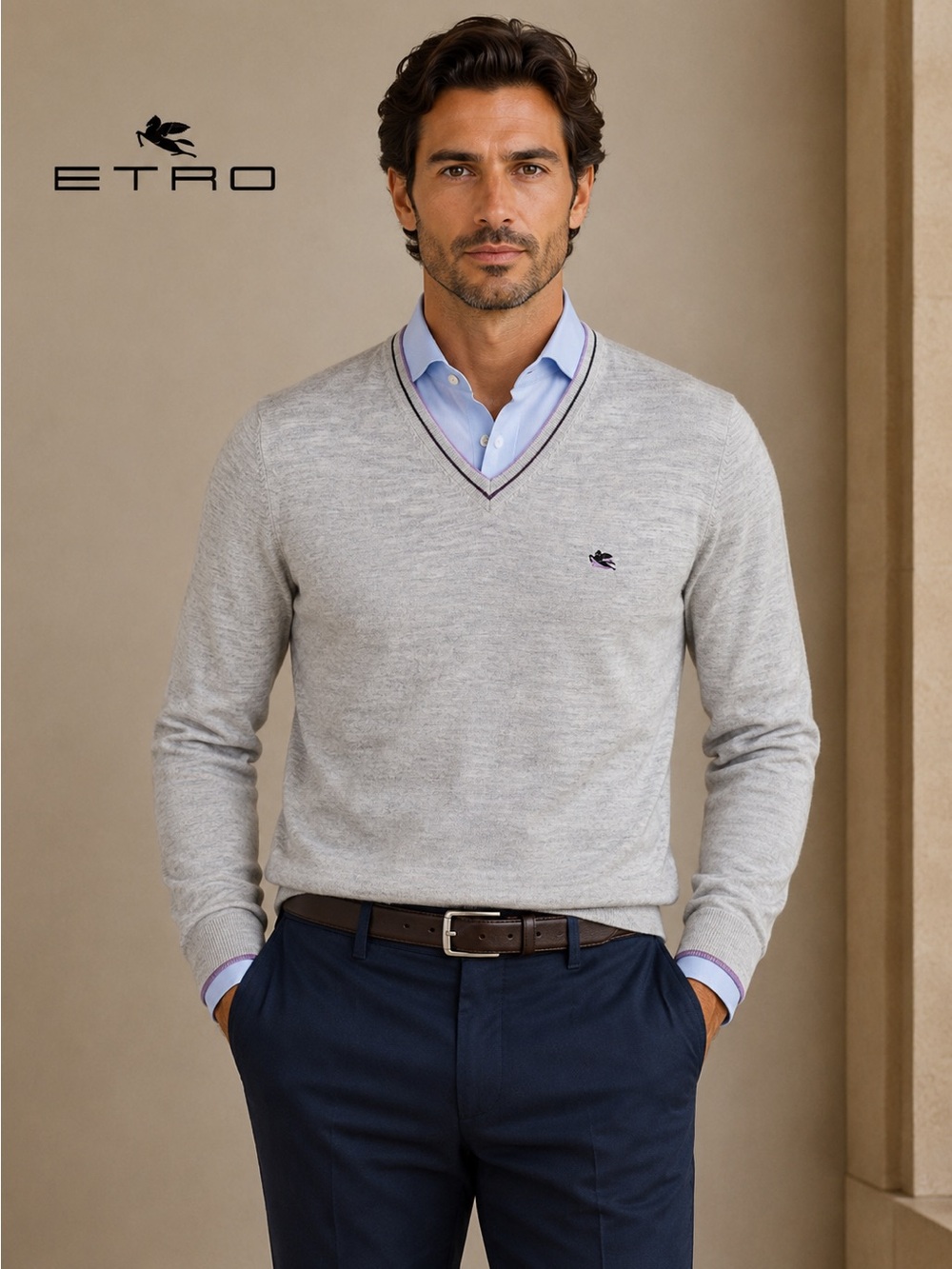 Etro Men's Heather Light Gray V-Neck Sweater with Trim Size M
